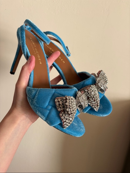 Kurt Geiger Shoes - Kurt Geiger Blue Velvet High Heels with Ankle Straps & Embellished Bow and Bird